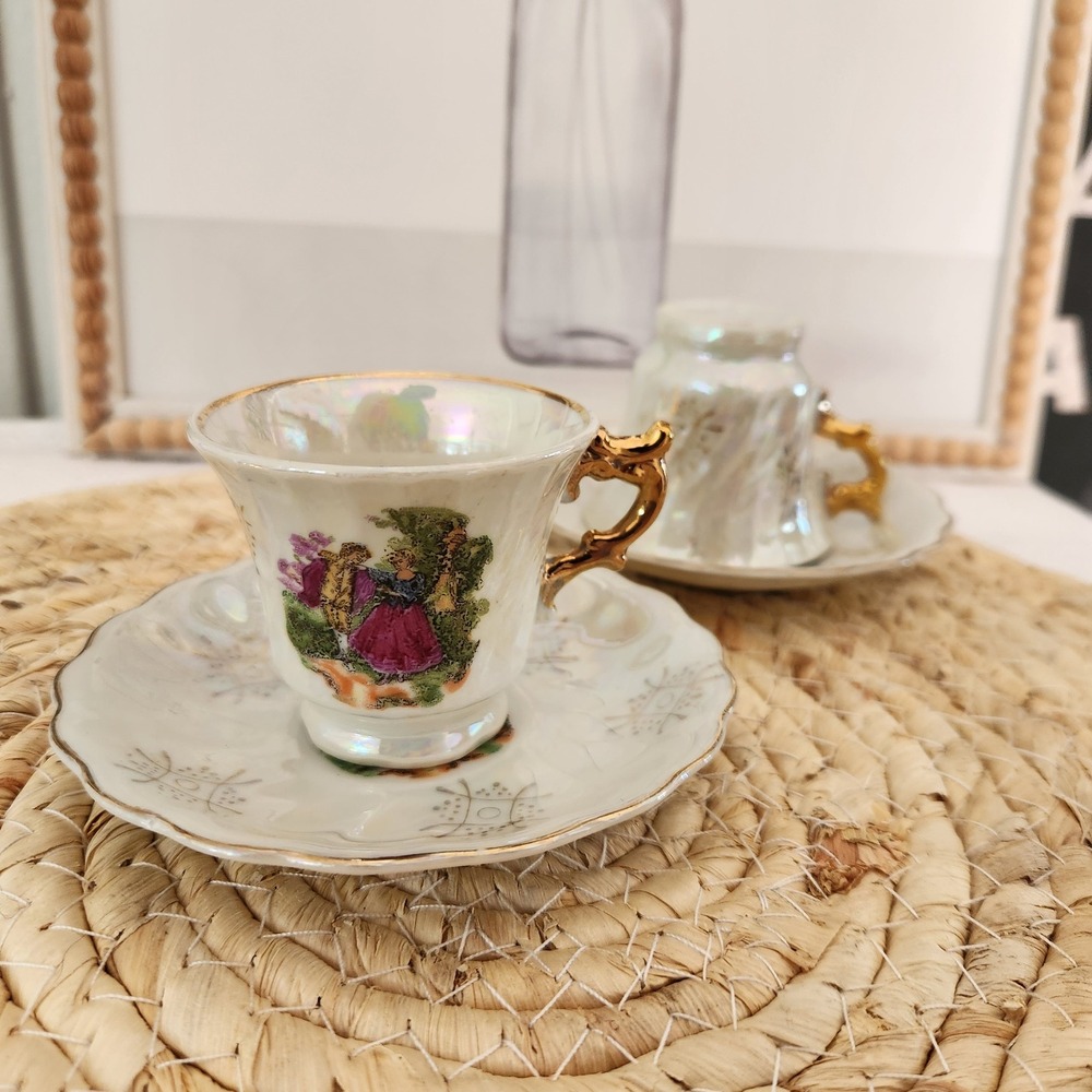 Vintage Japan Lustreware Courting Couple Demitasse Espresso Cup Saucer Set of 2